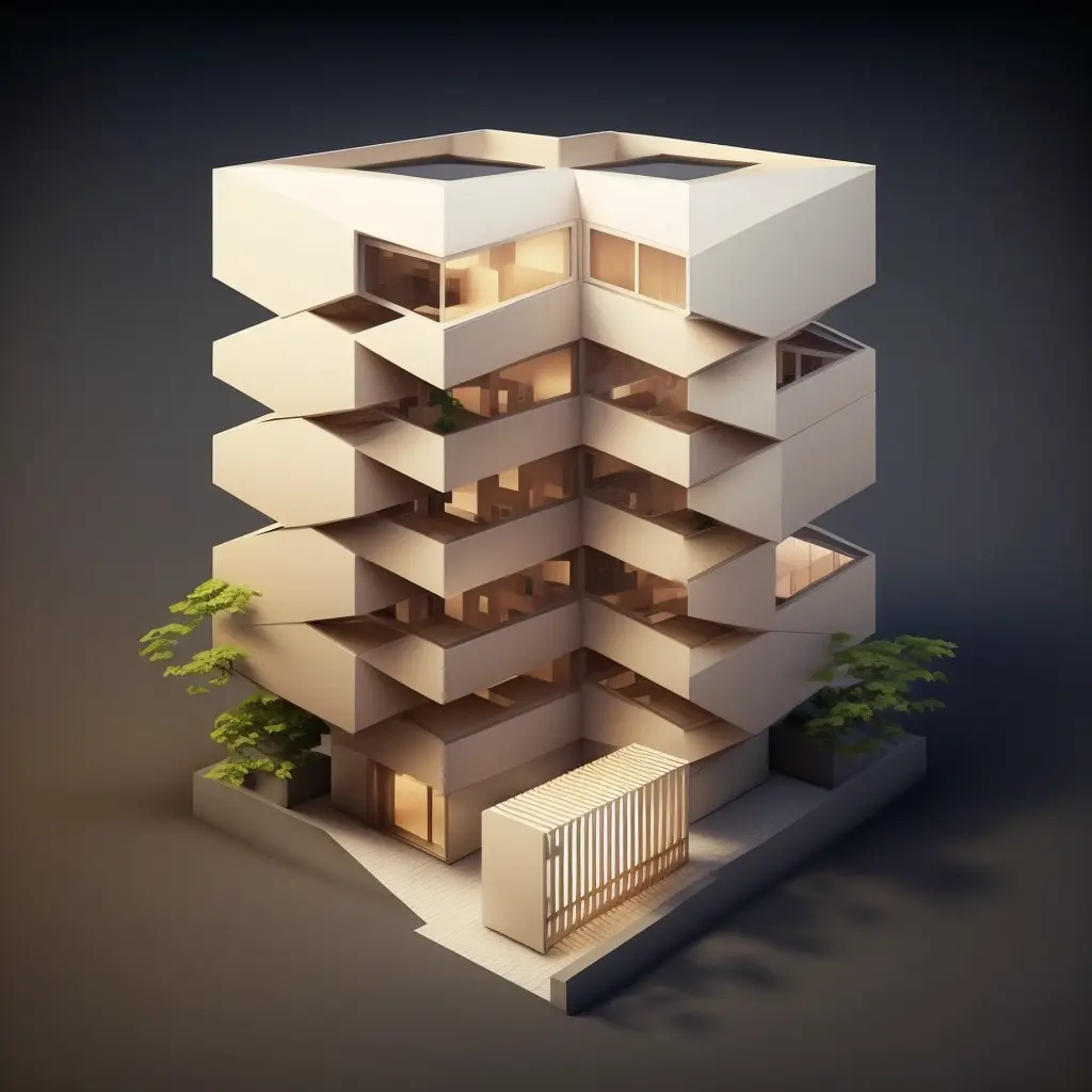 isometric clean art of exterior of condo designed by kengo kuma, blender 